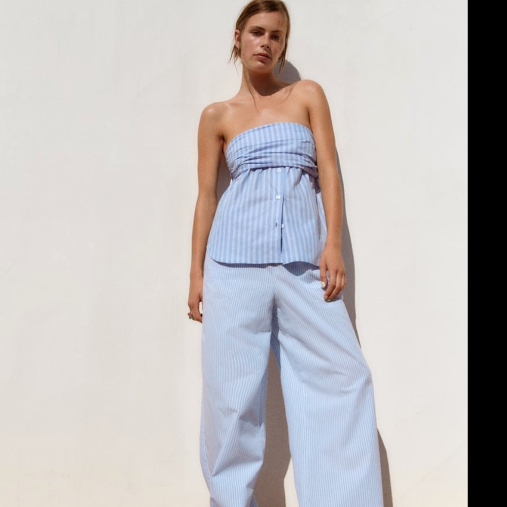 Zara Light Blue and White Striped Strapless Top